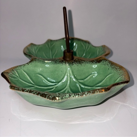 Vintage California Pottery Green Leaf Double Sided Serving Bowl MCM Handle Gold - Picture 4 of 10